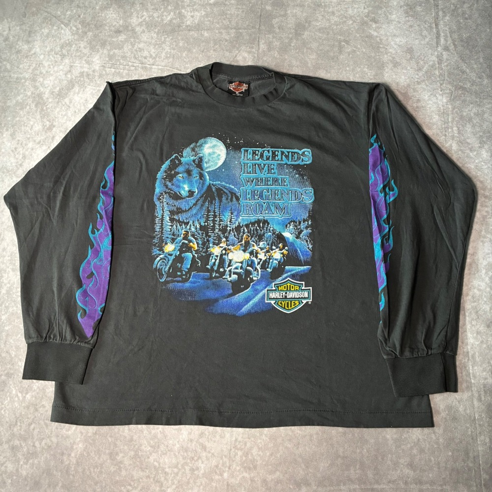 Modern reprint Harley Davidson Seattle Wolf Biker  Long Sleeve T-Shirt Black XL